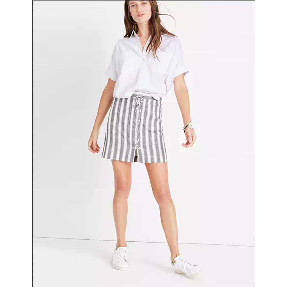 Madewell Striped Linen Skirt Size 10 Gray Ivory Lace Up Mini Style G3051